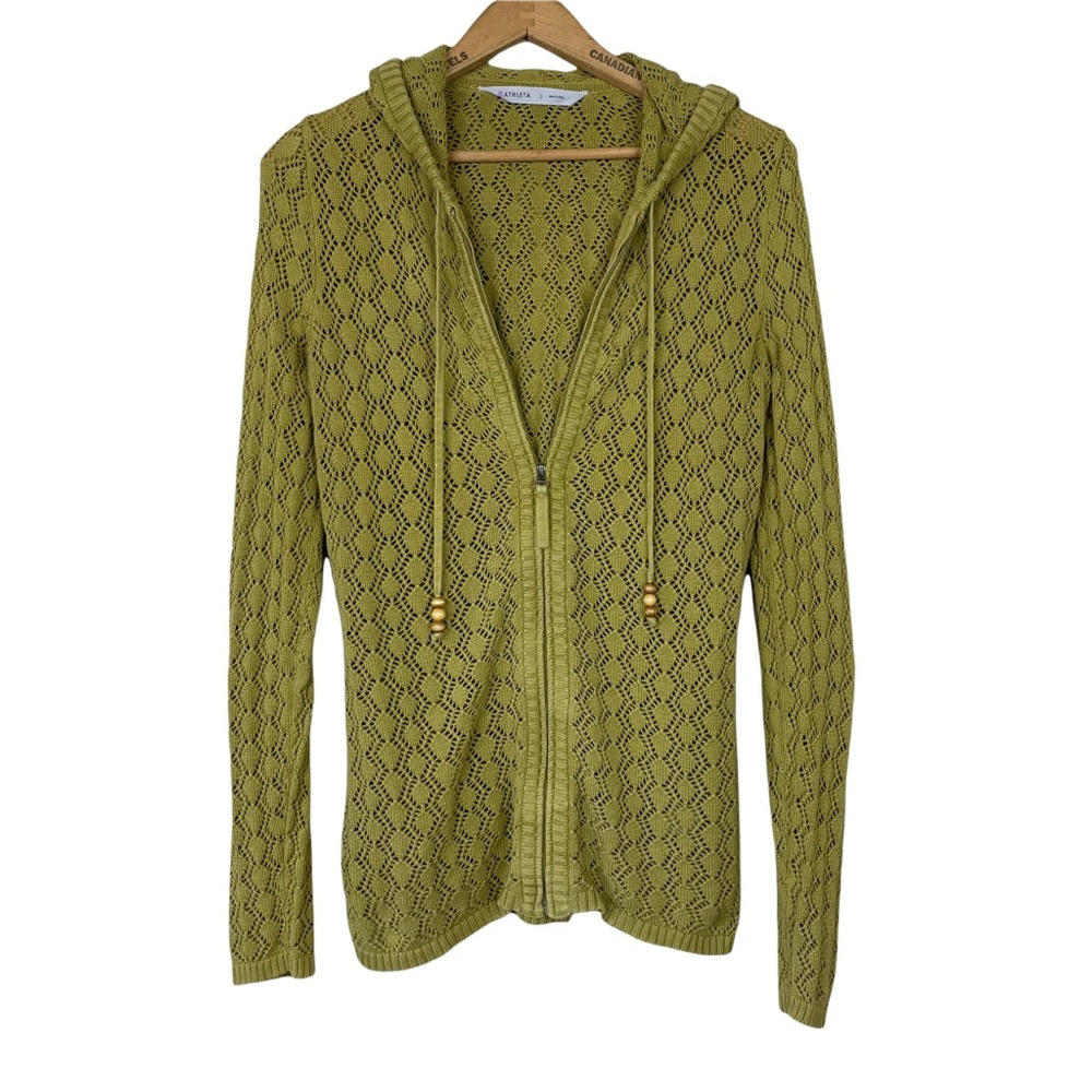 Athleta Green Sundial Knit Beaded Sweater Zip Up Hooded Size Small Crochet